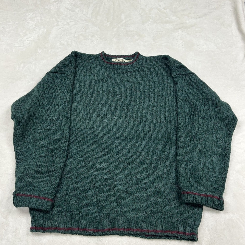 Eddie Bauer Sweater Mens M Green Wool Legends Crew Neck Striped Trim 1290